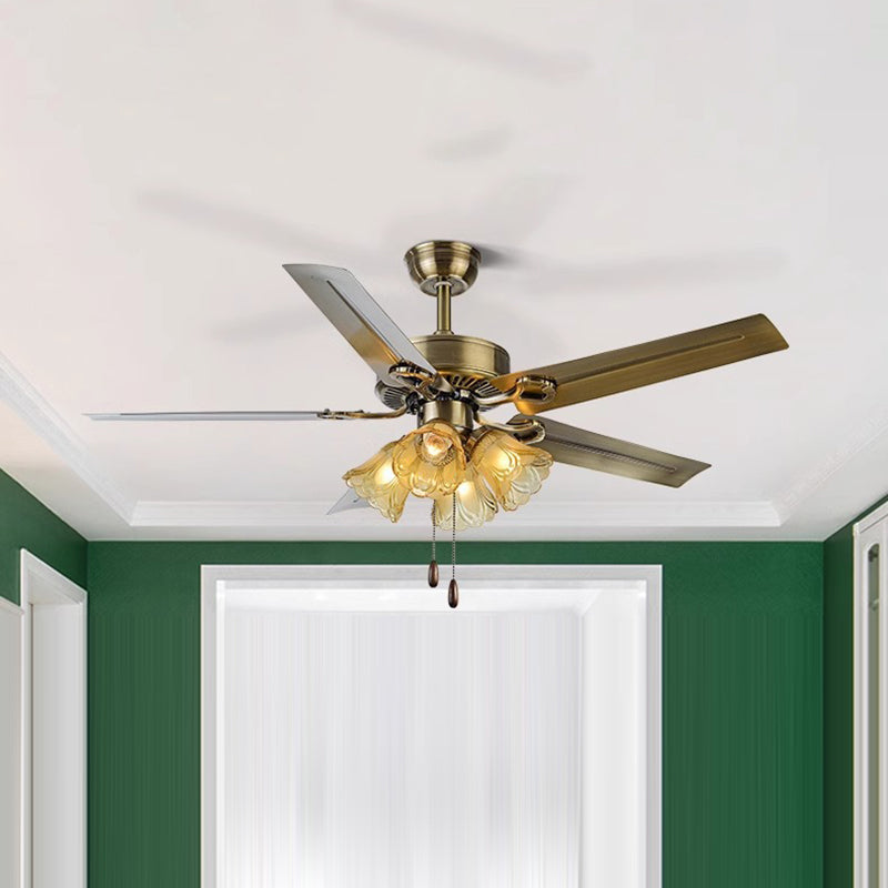 Traditional Retro Iron Wood Fan with Glass Shade 4-Light Ceiling Fixture