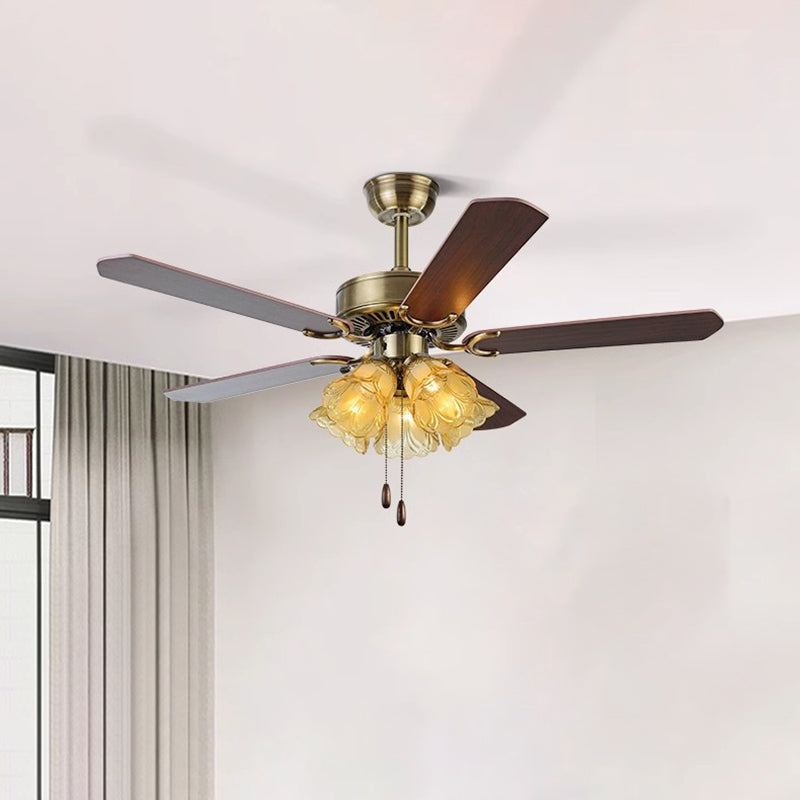 Traditional Retro Iron Wood Fan with Glass Shade 4-Light Ceiling Fixture
