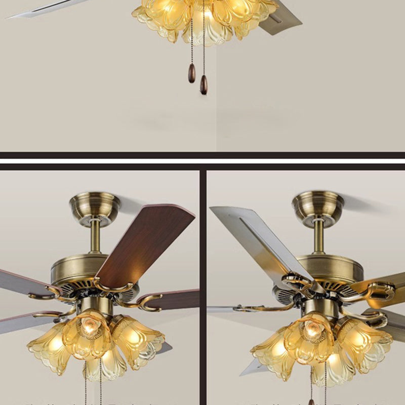 Traditional Retro Iron Wood Fan with Glass Shade 4-Light Ceiling Fixture