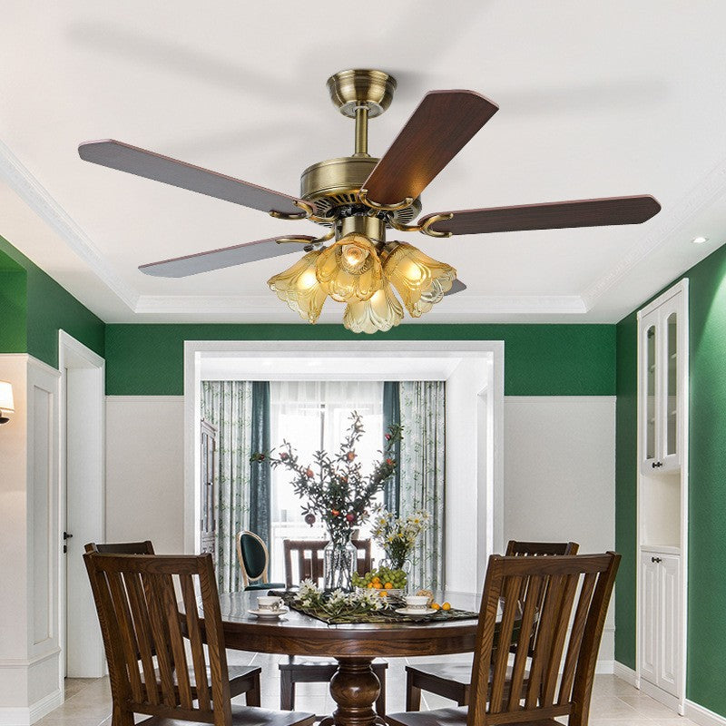 Traditional Retro Iron Wood Fan with Glass Shade 4-Light Ceiling Fixture