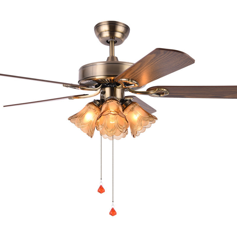 Traditional Retro Iron Wood Fan with Glass Shade 4-Light Ceiling Fixture