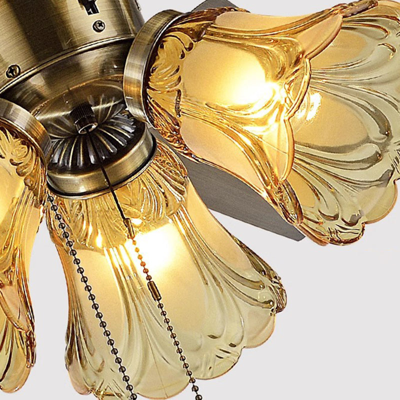 Traditional Retro Iron Wood Fan with Glass Shade 4-Light Ceiling Fixture