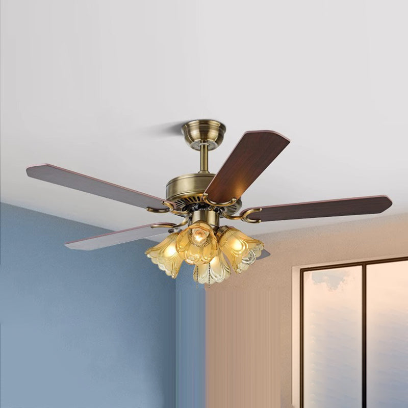 Traditional Retro Iron Wood Fan with Glass Shade 4-Light Ceiling Fixture