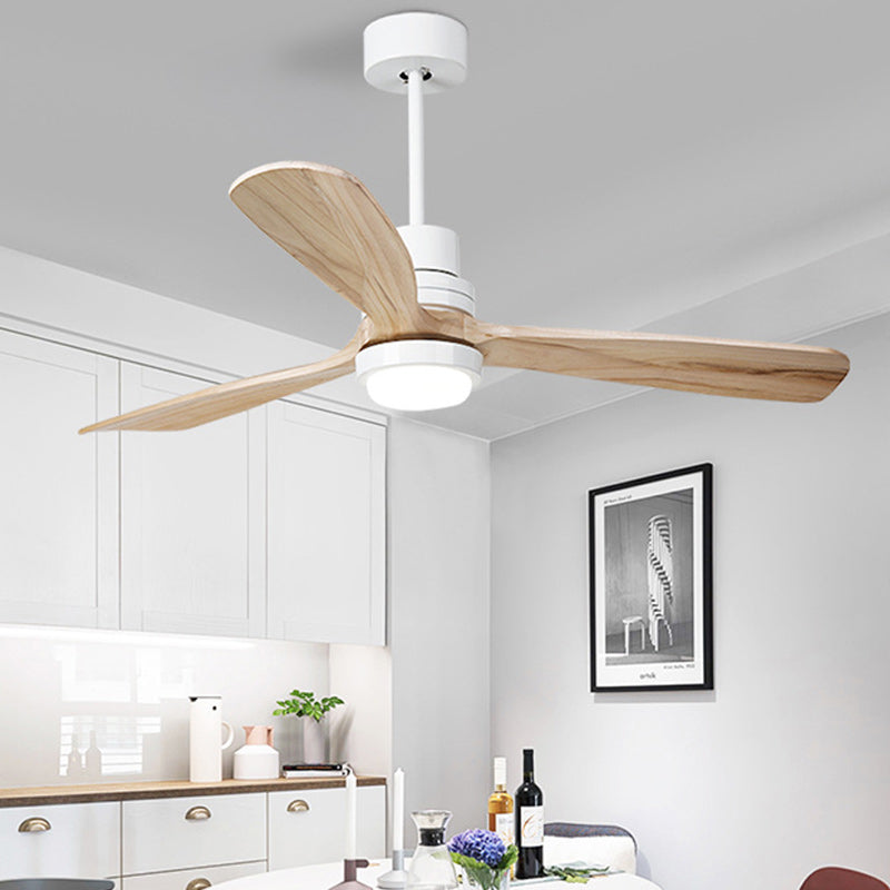 Contemporary Retro Round Glass Shade Wood Blade LED Ceiling Fan Light