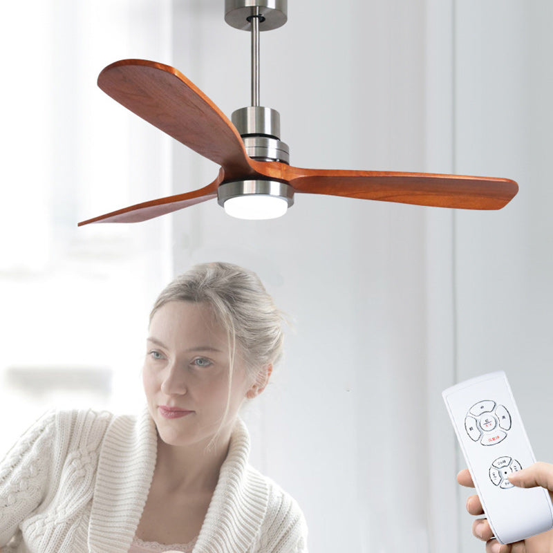 Contemporary Retro Round Glass Shade Wood Blade LED Ceiling Fan Light