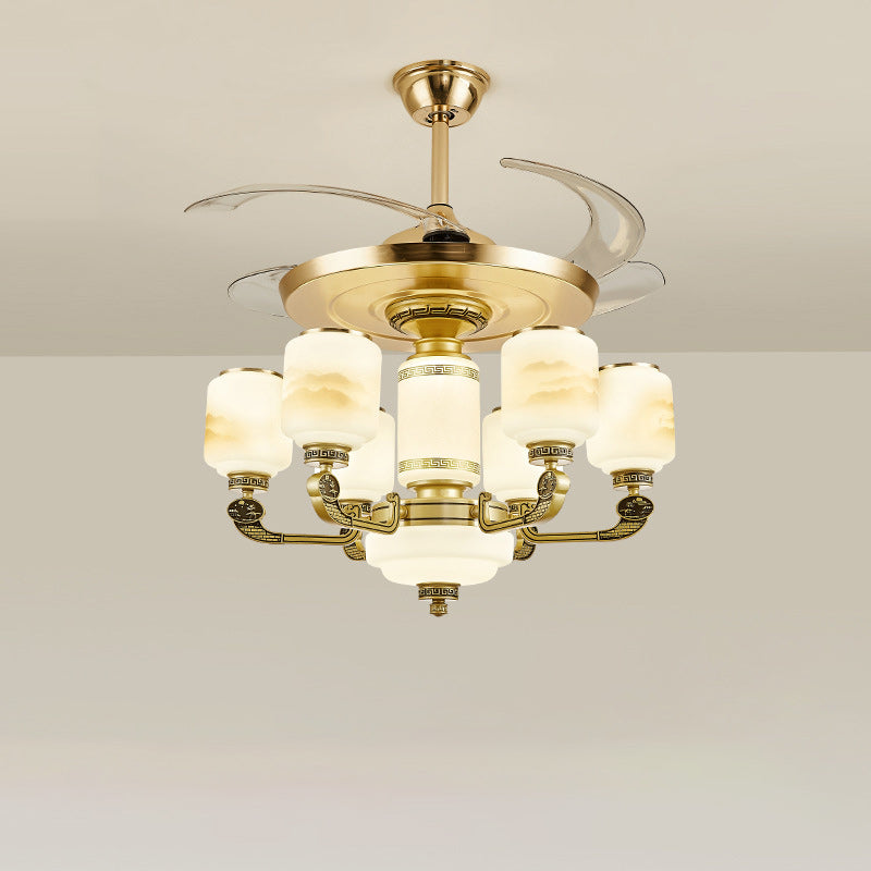 Traditional Chinese Jade Decor Ceiling Fan Light - 6-Light Glass Shade Zinc Alloy, Ideal for Living Room, Elegant Design, Unique Home Decor, Energy Efficient Lighting