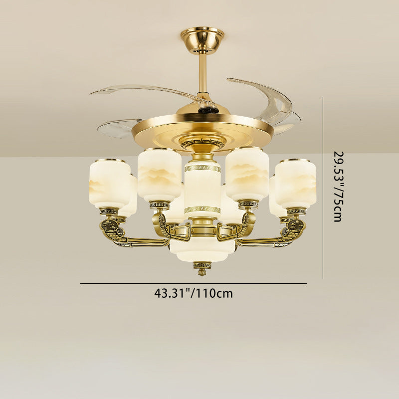 Traditional Chinese Jade Decor Ceiling Fan Light - 6-Light Glass Shade Zinc Alloy, Ideal for Living Room, Elegant Design, Unique Home Decor, Energy Efficient Lighting