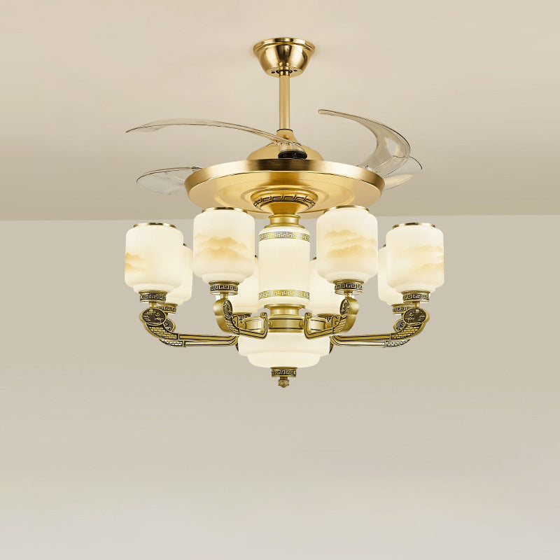 Traditional Chinese Jade Decor Ceiling Fan Light - 6-Light Glass Shade Zinc Alloy, Ideal for Living Room, Elegant Design, Unique Home Decor, Energy Efficient Lighting