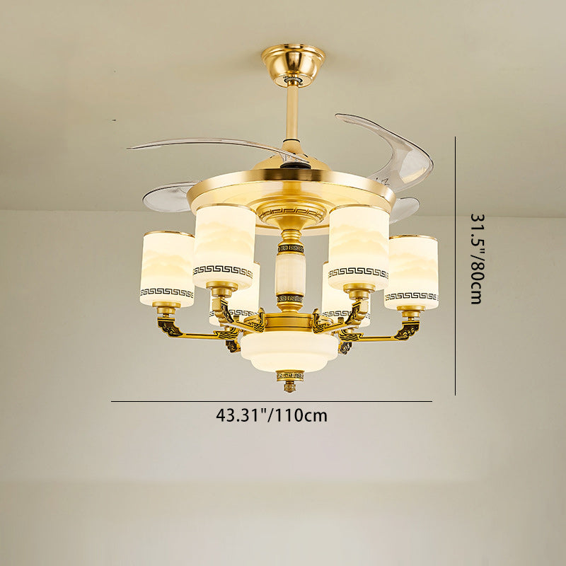 Traditional Chinese Jade Decor Ceiling Fan Light - 6-Light Glass Shade Zinc Alloy, Ideal for Living Room, Elegant Design, Unique Home Decor, Energy Efficient Lighting