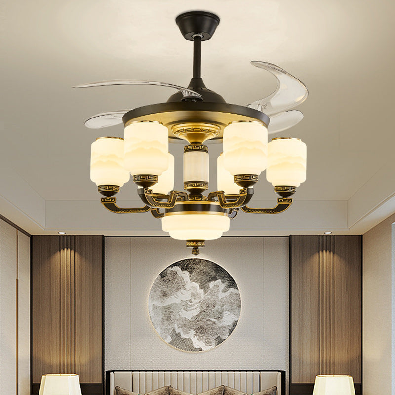 Traditional Chinese Jade Decor Ceiling Fan Light - 6-Light Glass Shade Zinc Alloy, Ideal for Living Room, Elegant Design, Unique Home Decor, Energy Efficient Lighting