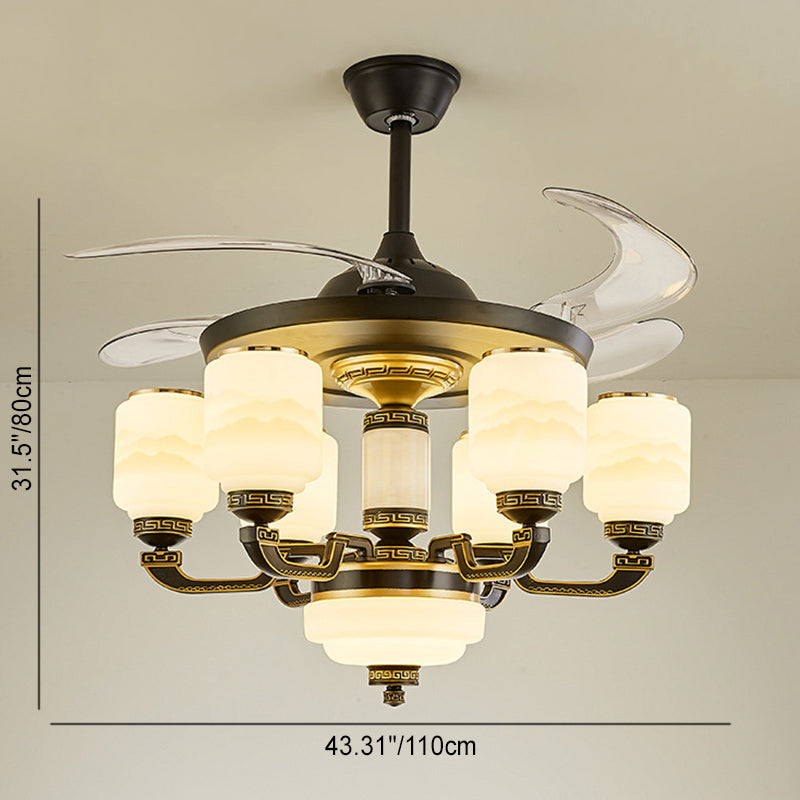 Traditional Chinese Jade Decor Ceiling Fan Light - 6-Light Glass Shade Zinc Alloy, Ideal for Living Room, Elegant Design, Unique Home Decor, Energy Efficient Lighting