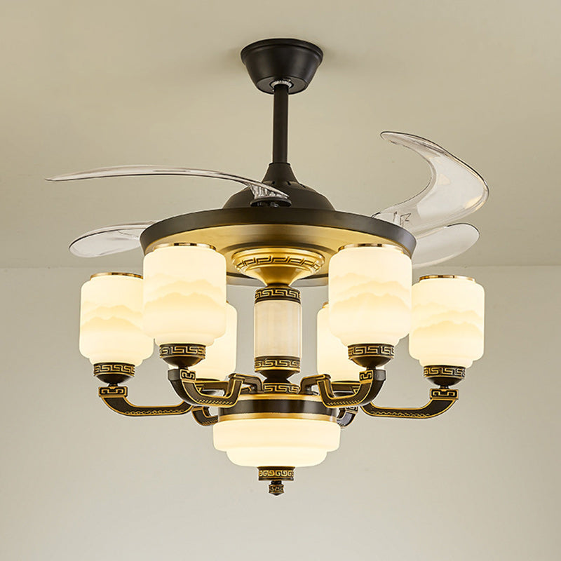 Traditional Chinese Jade Decor Ceiling Fan Light - 6-Light Glass Shade Zinc Alloy, Ideal for Living Room, Elegant Design, Unique Home Decor, Energy Efficient Lighting