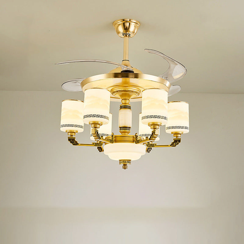 Traditional Chinese Jade Decor Ceiling Fan Light - 6-Light Glass Shade Zinc Alloy, Ideal for Living Room, Elegant Design, Unique Home Decor, Energy Efficient Lighting