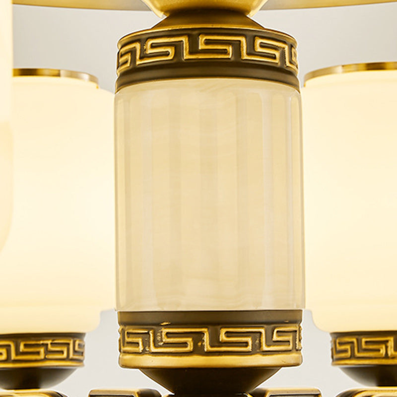 Traditional Chinese Jade Decor Ceiling Fan Light - 6-Light Glass Shade Zinc Alloy, Ideal for Living Room, Elegant Design, Unique Home Decor, Energy Efficient Lighting