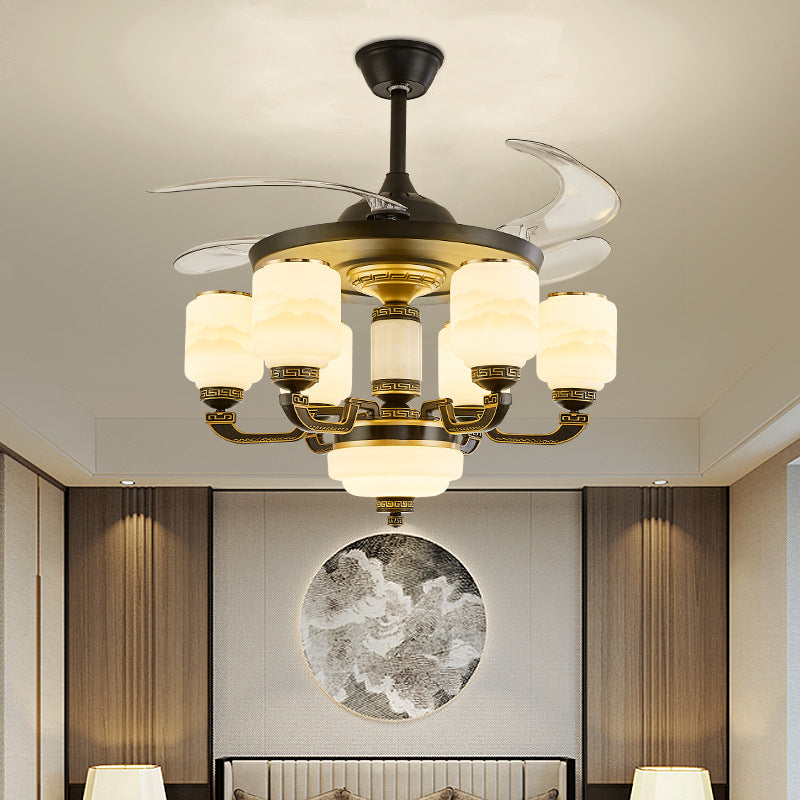 Traditional Chinese Jade Decor Ceiling Fan Light - 6-Light Glass Shade Zinc Alloy, Ideal for Living Room, Elegant Design, Unique Home Decor, Energy Efficient Lighting