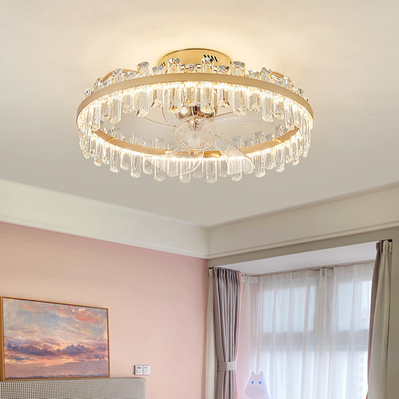 Modern Luxury Crystal LED Ceiling Fan Semi-Flush Mount for Living Room