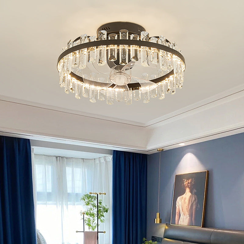 Modern Luxury Crystal LED Ceiling Fan Semi-Flush Mount for Living Room