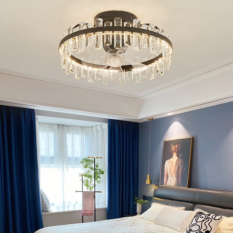 Modern Luxury Crystal LED Ceiling Fan Semi-Flush Mount for Living Room