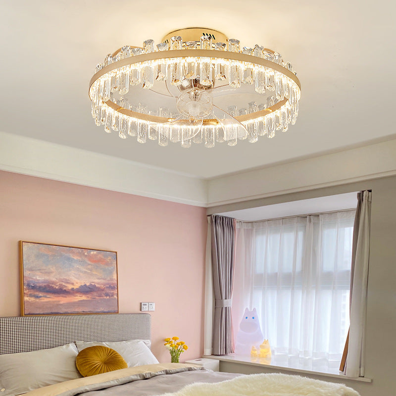 Modern Luxury Crystal LED Ceiling Fan Semi-Flush Mount for Living Room
