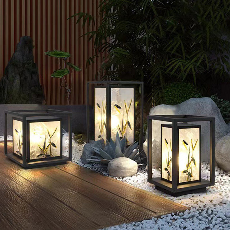 Traditional Chinese Crackle Enamel Bamboo LED Outdoor Post Light - Garden Galvanized Steel Design