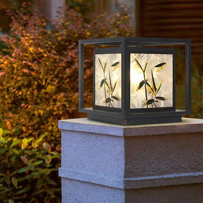 Traditional Chinese Crackle Enamel Bamboo LED Outdoor Post Light - Garden Galvanized Steel Design