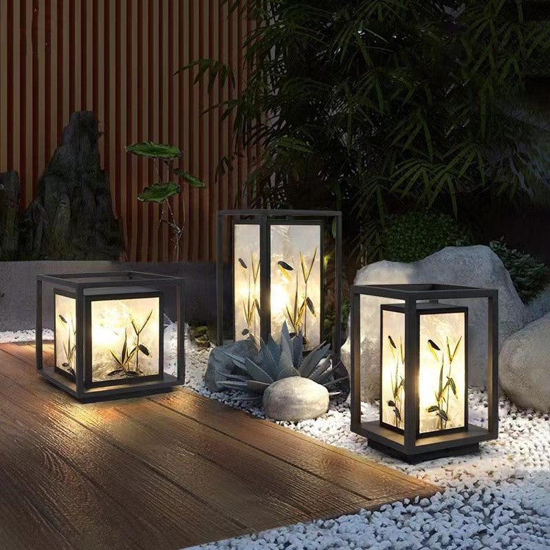 Traditional Chinese Crackle Enamel Bamboo LED Outdoor Post Light - Garden Galvanized Steel Design