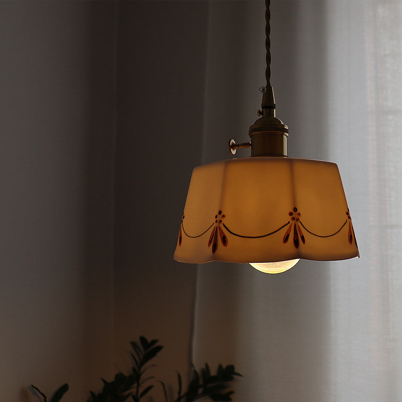 Traditional French Antique Brass Pendant Light - 1-Light Glazed Ceramic Fixture for Living Room