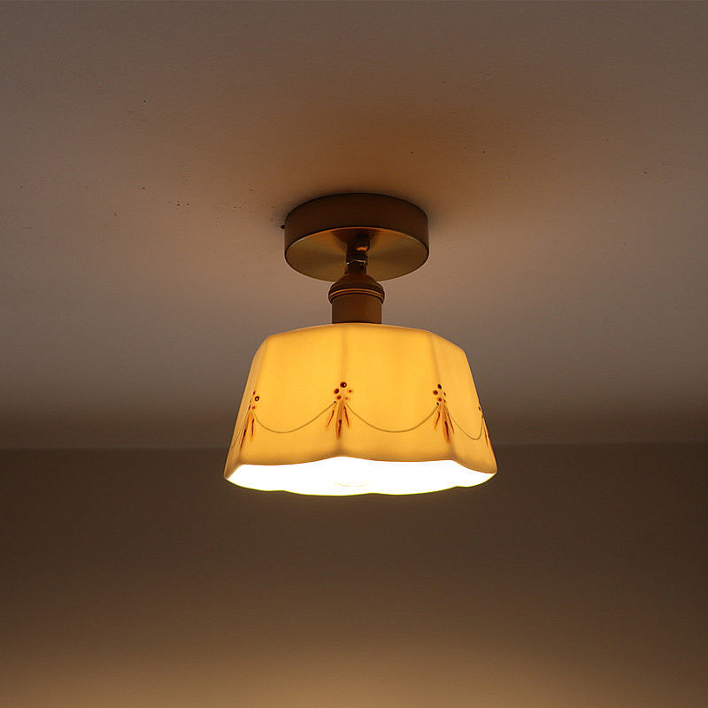 Traditional French Antique Brass Ceramic Semi-Flush Mount Ceiling Light - 1-Light Fixture for Living Room
