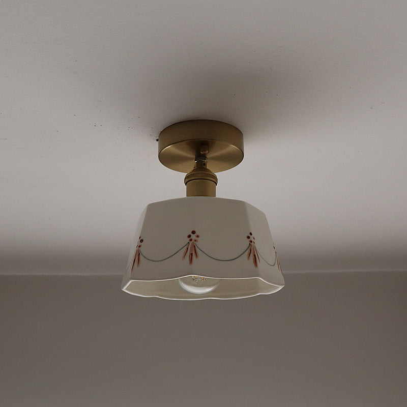 Traditional French Antique Brass Ceramic Semi-Flush Mount Ceiling Light - 1-Light Fixture for Living Room