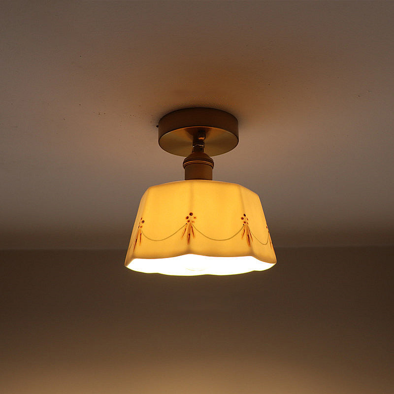 Traditional French Antique Brass Ceramic Semi-Flush Mount Ceiling Light - 1-Light Fixture for Living Room