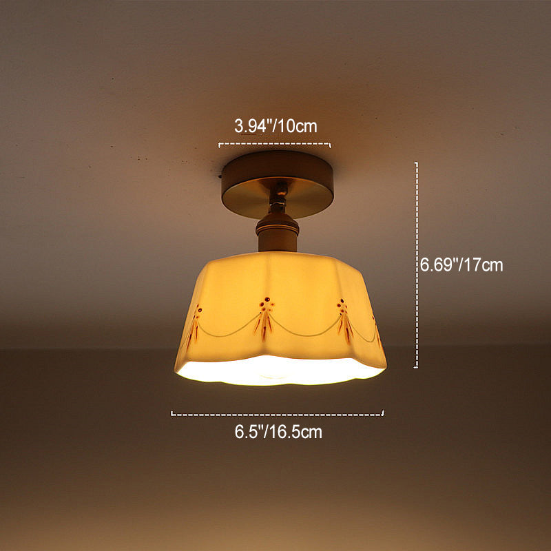 Traditional French Antique Brass Ceramic Semi-Flush Mount Ceiling Light - 1-Light Fixture for Living Room