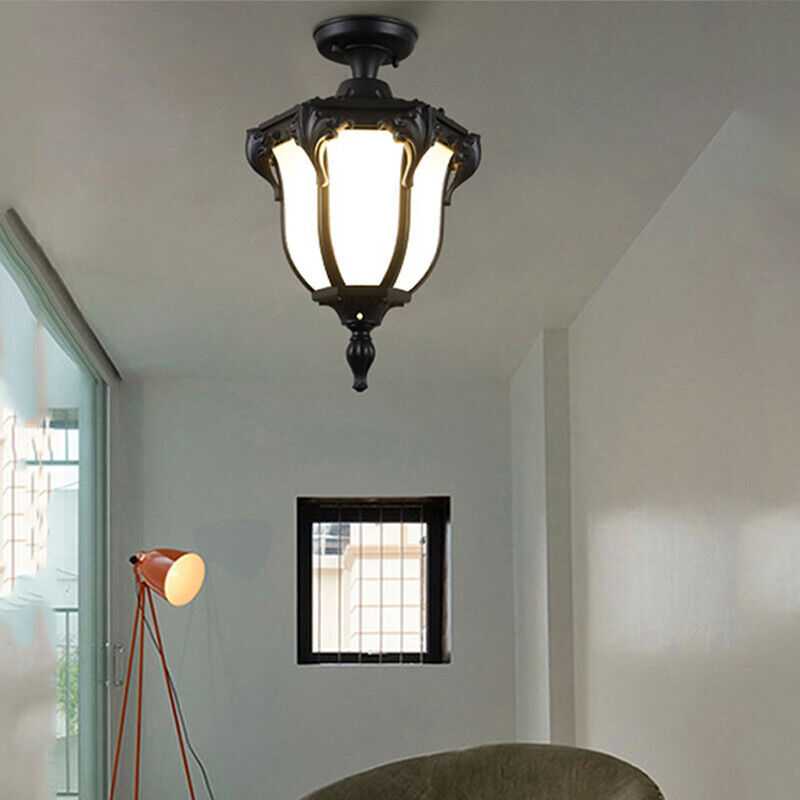 Vintage Aluminum Polygon Glass Outdoor Semi-Flush Ceiling Light - Waterproof Garden Fixture