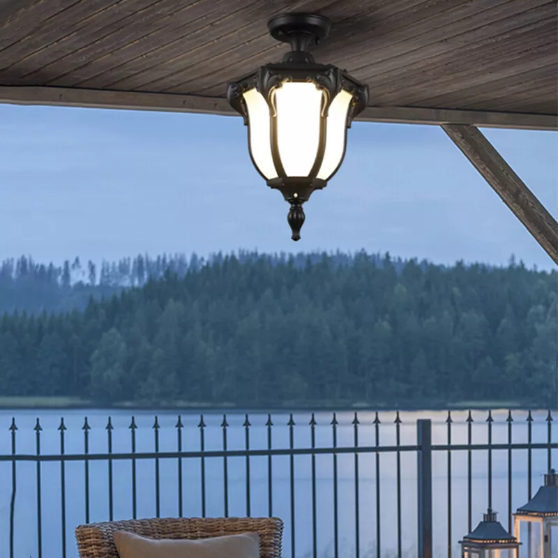 Vintage Aluminum Polygon Glass Outdoor Semi-Flush Ceiling Light - Waterproof Garden Fixture