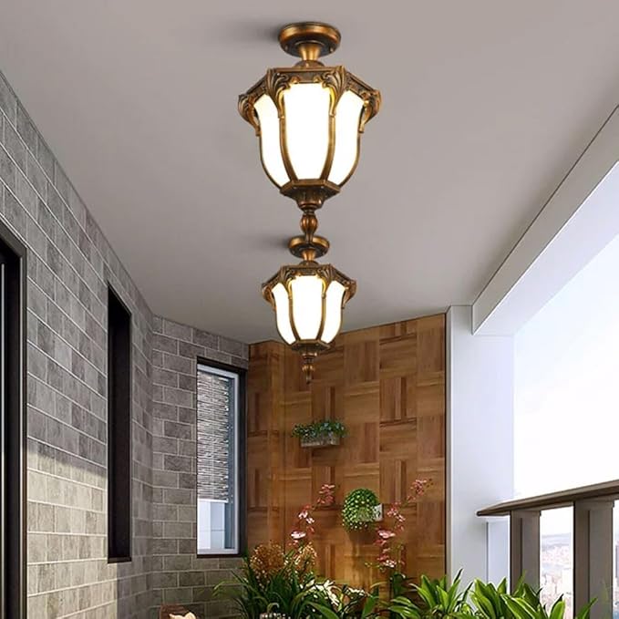 Vintage Aluminum Polygon Glass Outdoor Semi-Flush Ceiling Light - Waterproof Garden Fixture