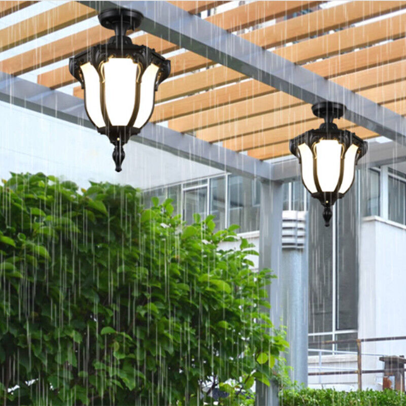 Vintage Aluminum Polygon Glass Outdoor Semi-Flush Ceiling Light - Waterproof Garden Fixture