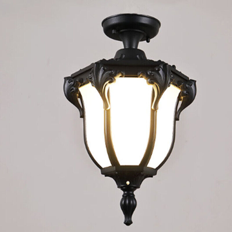 Vintage Aluminum Polygon Glass Outdoor Semi-Flush Ceiling Light - Waterproof Garden Fixture