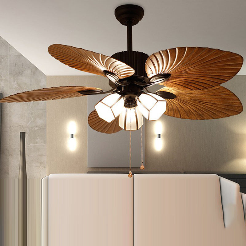 Traditional Retro Leaves Texture 3-Light Ceiling Fan with Hexagonal Shade Downrods for Living Room