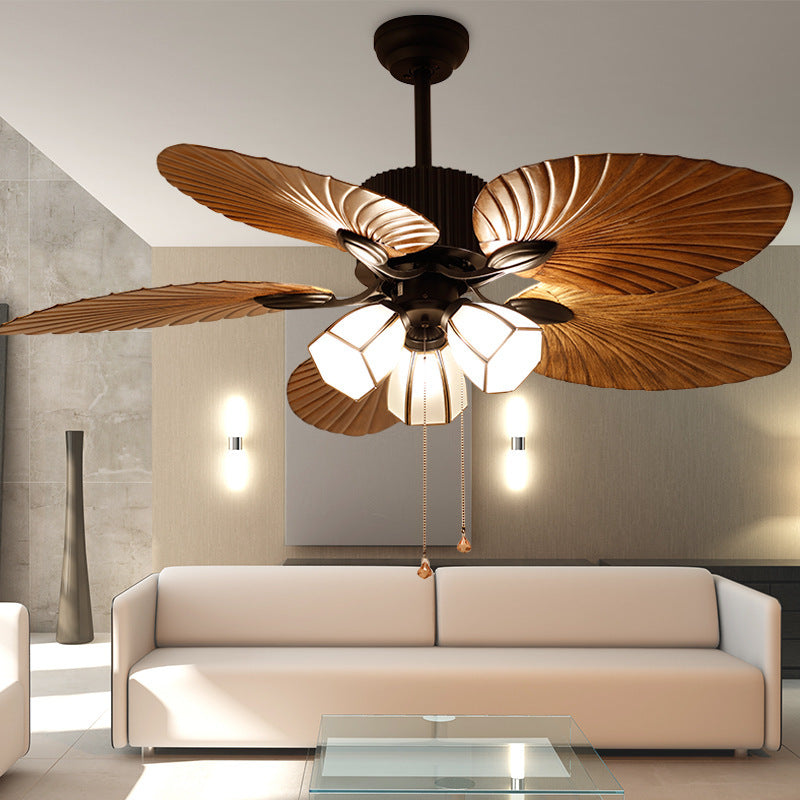 Traditional Retro Leaves Texture 3-Light Ceiling Fan with Hexagonal Shade Downrods for Living Room