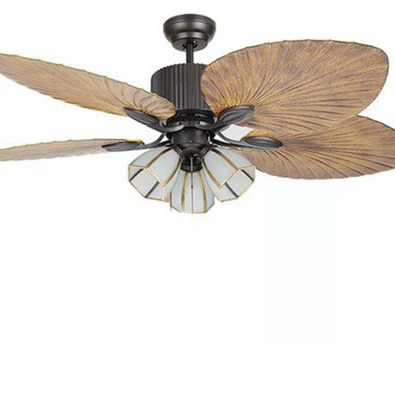 Traditional Retro Leaves Texture 3-Light Ceiling Fan with Hexagonal Shade Downrods for Living Room