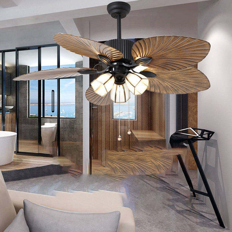 Traditional Retro Leaves Texture 3-Light Ceiling Fan with Hexagonal Shade Downrods for Living Room