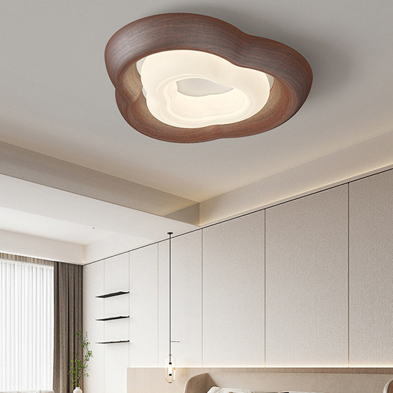 Contemporary Curved Iron PE Imitation Wood Grain LED Flush Mount Ceiling Light for Bedroom