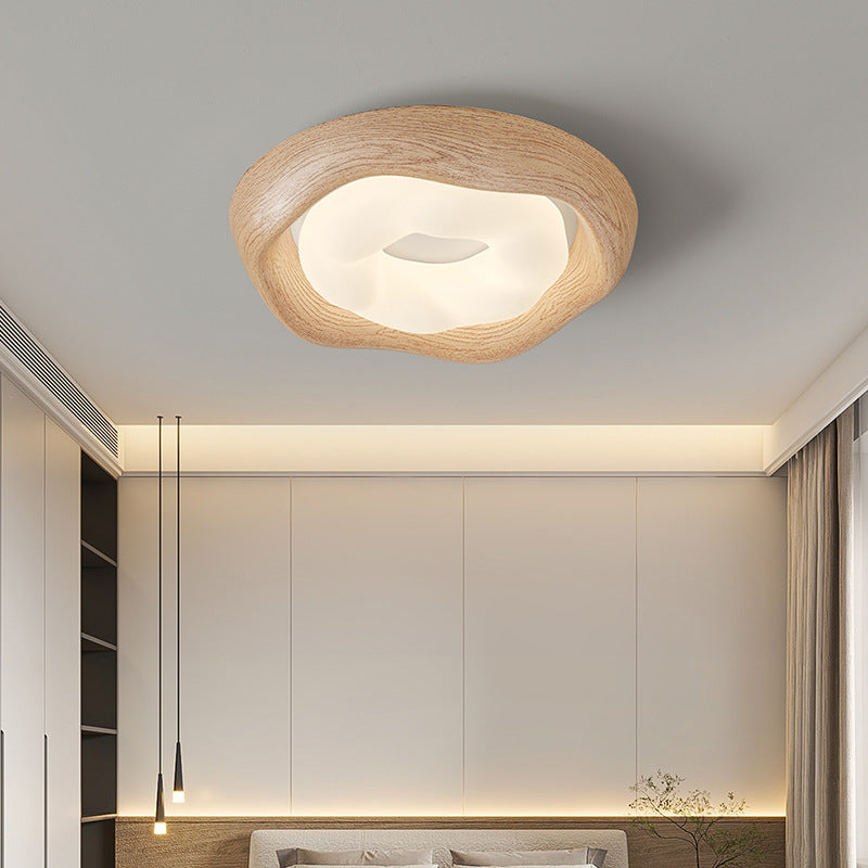 Contemporary Curved Iron PE Imitation Wood Grain LED Flush Mount Ceiling Light for Bedroom
