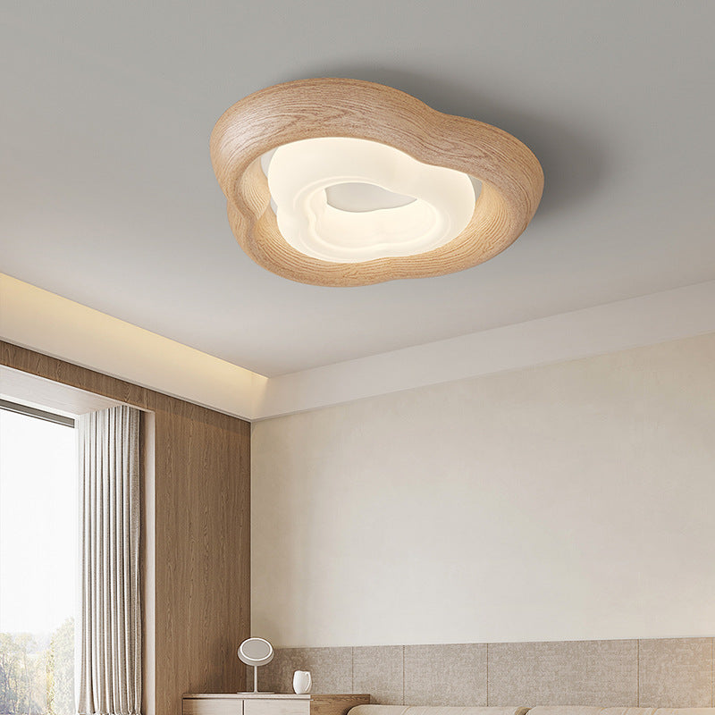 Contemporary Curved Iron PE Imitation Wood Grain LED Flush Mount Ceiling Light for Bedroom