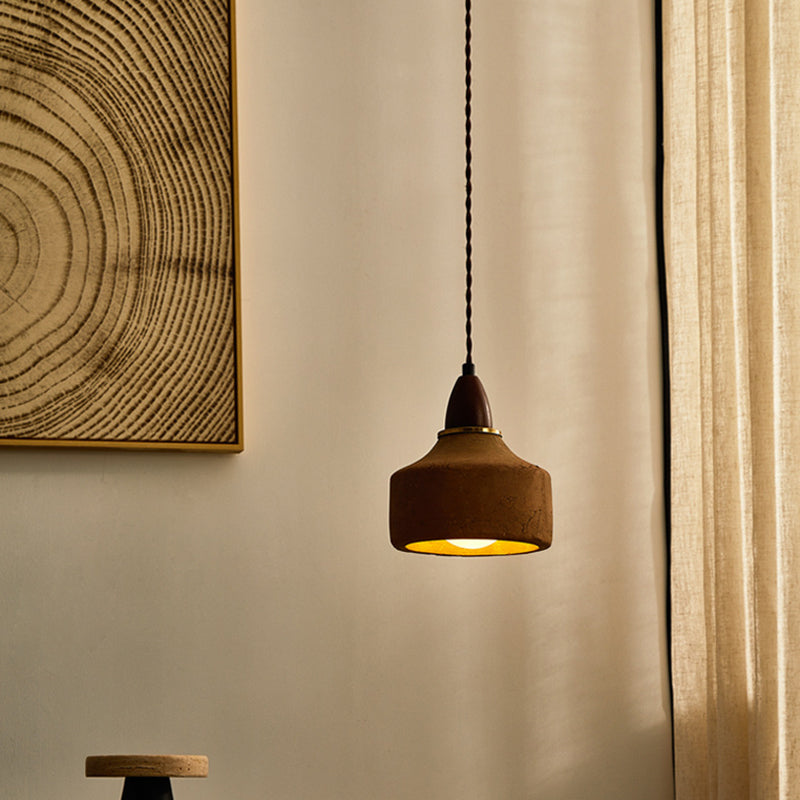 Traditional Japanese Wood Ceramic Pendant Light for Living Room - 1-Light Round Shade