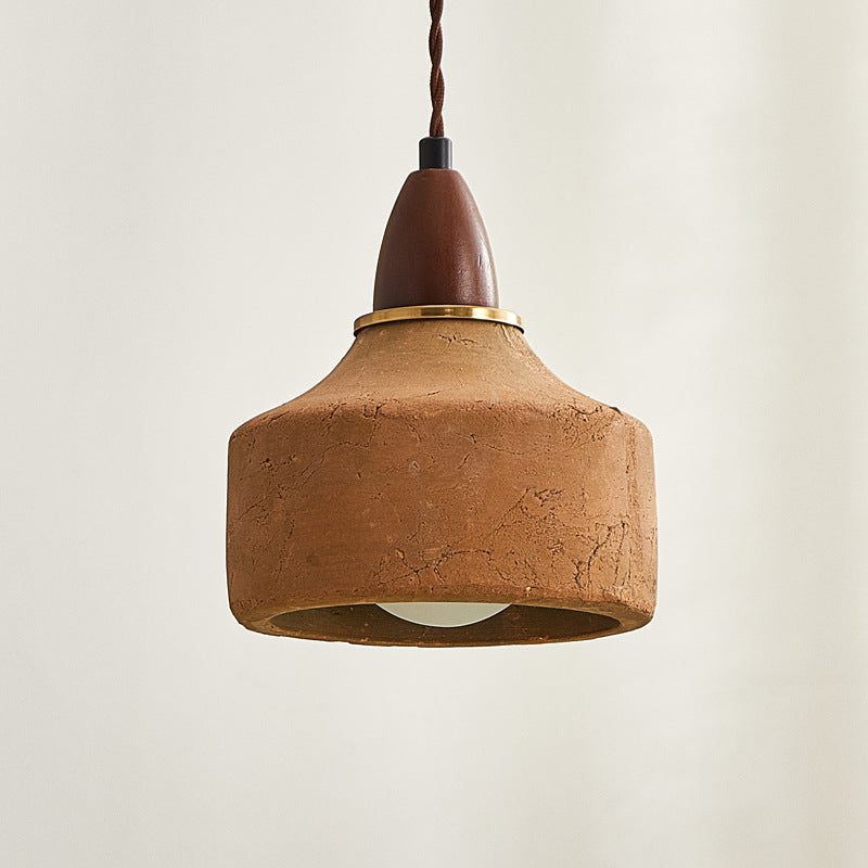 Traditional Japanese Wood Ceramic Pendant Light for Living Room - 1-Light Round Shade