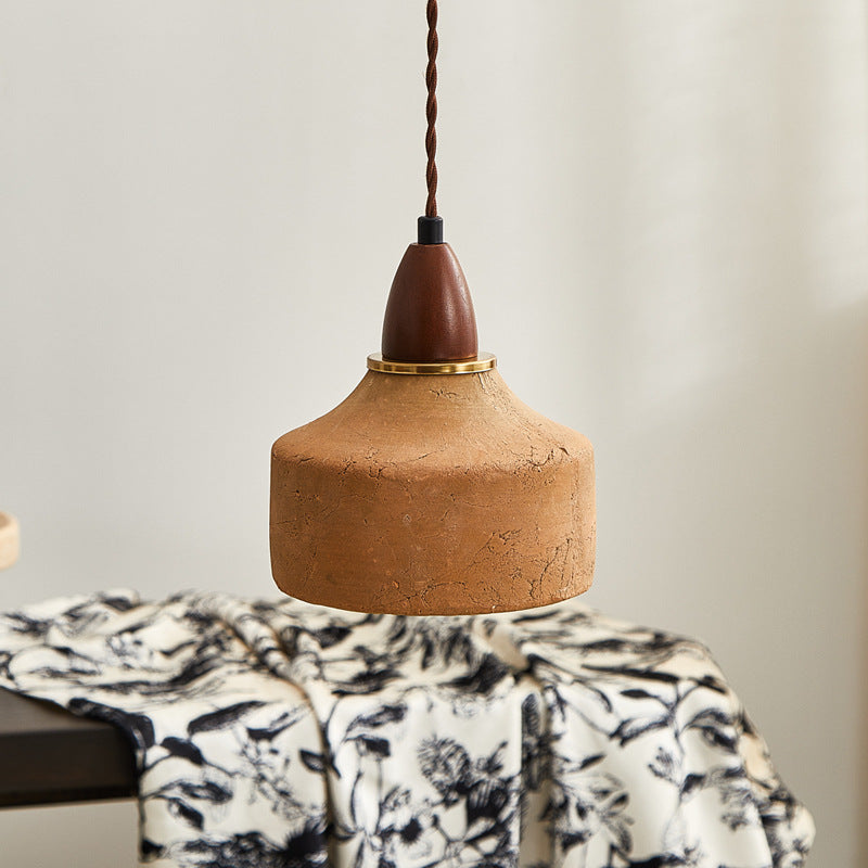 Traditional Japanese Wood Ceramic Pendant Light for Living Room - 1-Light Round Shade