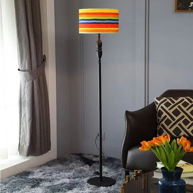 Vintage Fabric Cylinder Floor Lamp - 1-Light Iron Base for Living Room