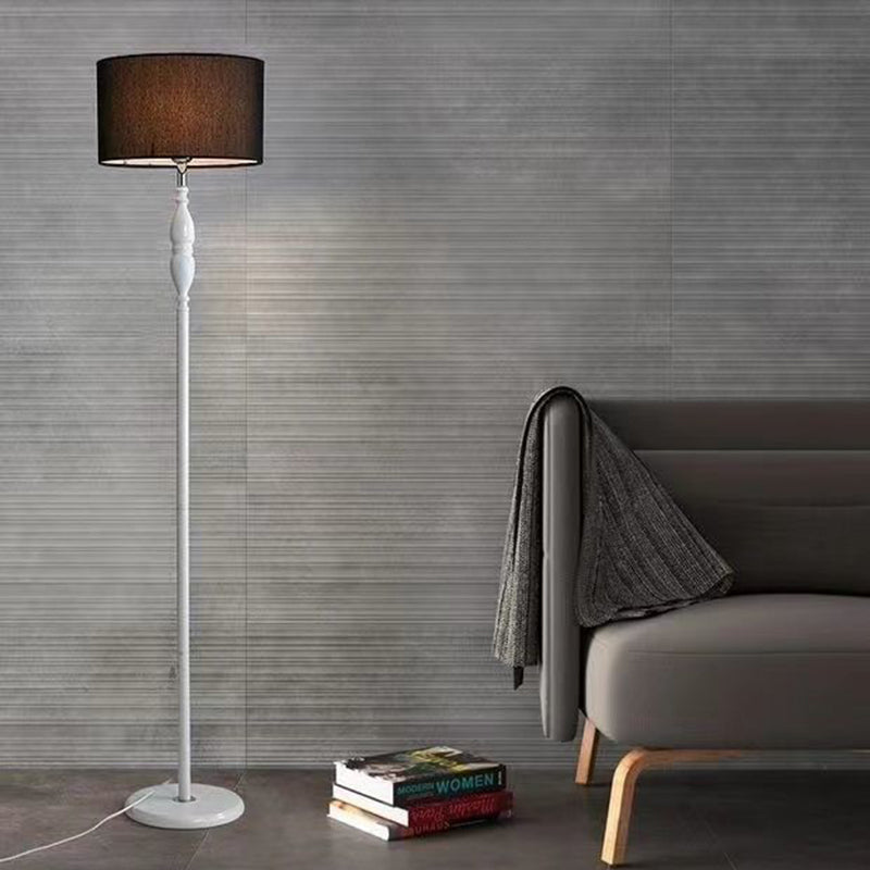 Vintage Fabric Cylinder Floor Lamp - 1-Light Iron Base for Living Room