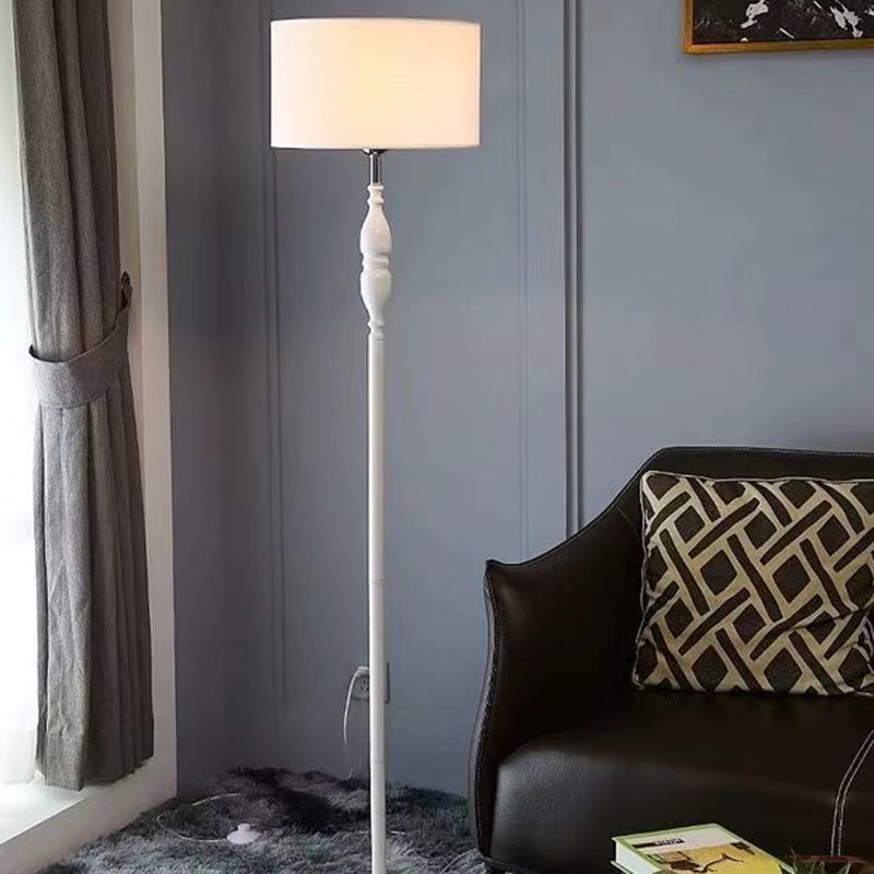 Vintage Fabric Cylinder Floor Lamp - 1-Light Iron Base for Living Room
