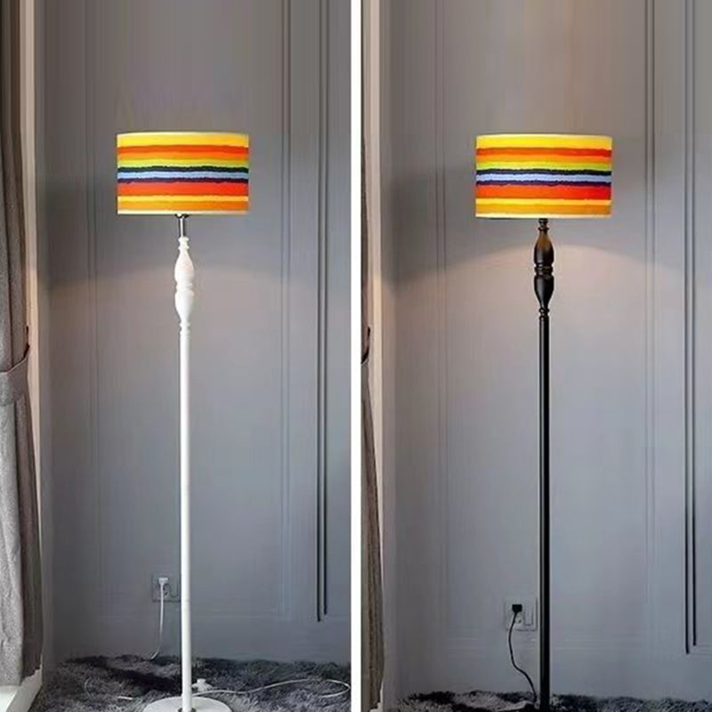 Vintage Fabric Cylinder Floor Lamp - 1-Light Iron Base for Living Room
